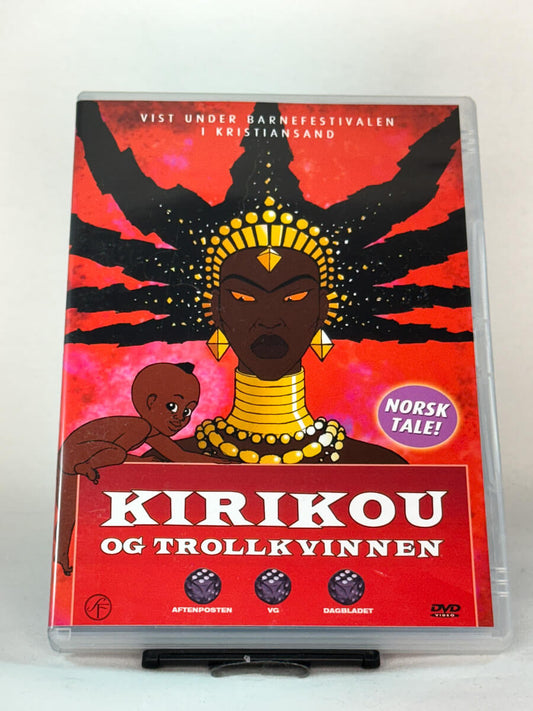 Forside av DVD-cover til Kirikou og trollkvinnen – fargerik og prisvinnende animasjonsfilm med norsk tale, brukt familiefilm på DVD hos Brukbar Film.
