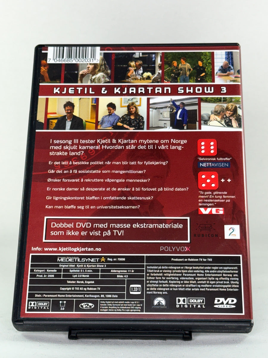 DVD-bakside til filmen Kjetil & Kjartan Show 3
Baksiden viser info, spesifikasjoner og eventuell ekstratekst – produktbilde fra nettbutikken Brukbar Film