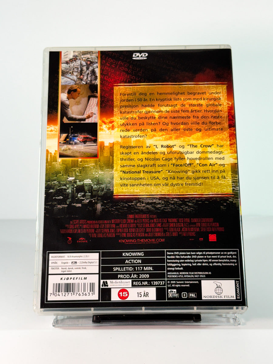 Bakside av cover til Knowing, brukt original DVD hos Brukbar Film