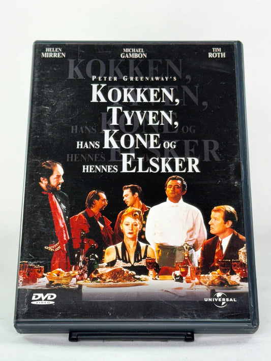 Forside av DVD-cover til Kokken, Tyven, Hans Kone og Hennes Elsker – kunstfilm av Peter Greenaway med Helen Mirren, brukt DVD hos Brukbar Film