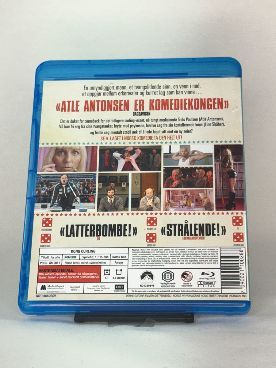 Bakside av Blu-ray-cover til Kong Curling – brukt norsk komedie, sjelden Blu-ray hos Brukbar Film