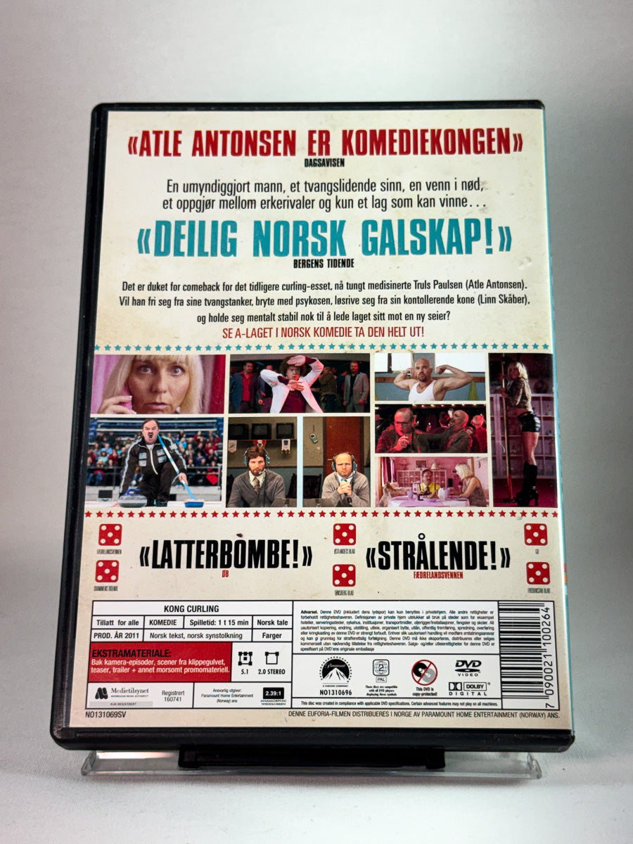 Bakside av DVD-cover til Kong Curling, prisbelønt norsk ensemblekomedie, brukt DVD hos Brukbar Film