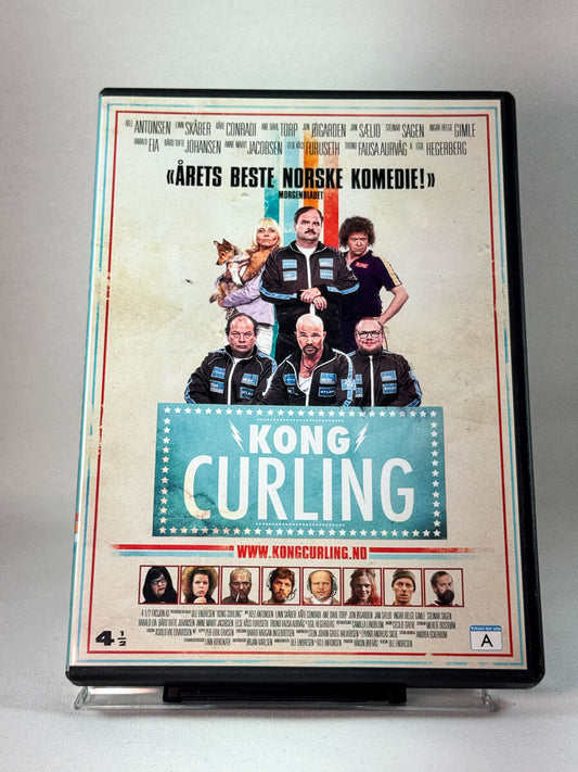 Forside av DVD-cover til Kong Curling, norsk komedie om curlingmiljø og vennskap, brukt DVD hos Brukbar Film