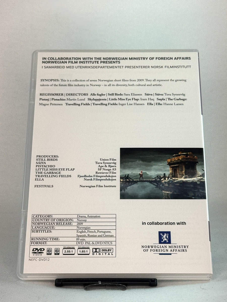 Bakside av DVD-cover til Kortfilmer – samling med norske kortfilmer fra ulike regissører, original utgivelse fra NFI hos Brukbar Film.