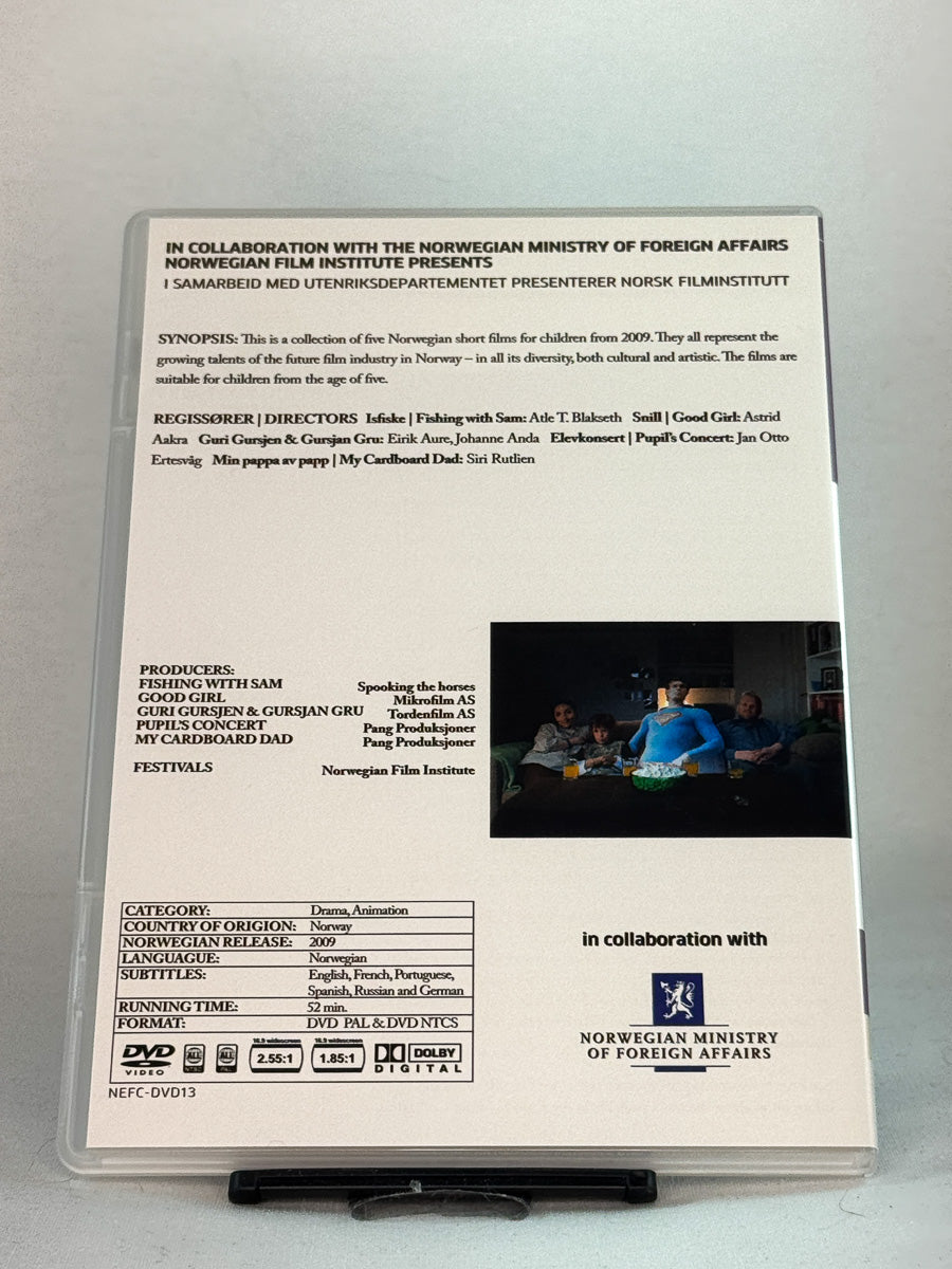 Bakside av DVD-cover til Kortfilmer for barn – norsk samling med korte barnefilmer fra NFI, perfekt for unge filmelskere, brukt DVD hos Brukbar Film.