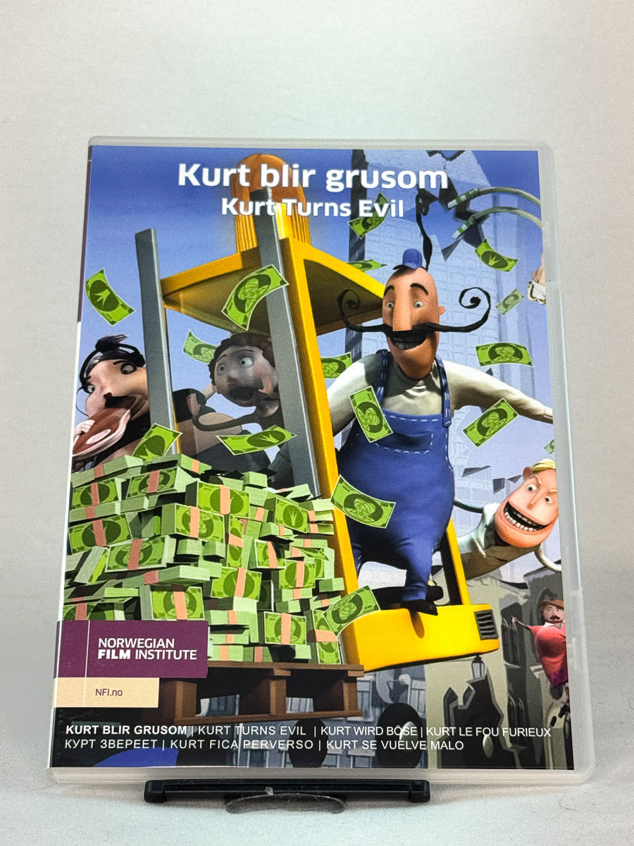 Forside av DVD-cover til Kurt blir grusom – norsk animasjonsfilm basert på Erlend Loes bøker, utgitt av Norwegian Film Institute, brukt DVD hos Brukbar Film.