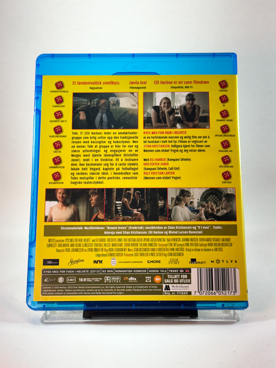 Kyss meg for faen i helvete – bakside av Blu-ray-cover, ungdomsfilm med humor og følelser, bruktfilm hos Brukbar Film