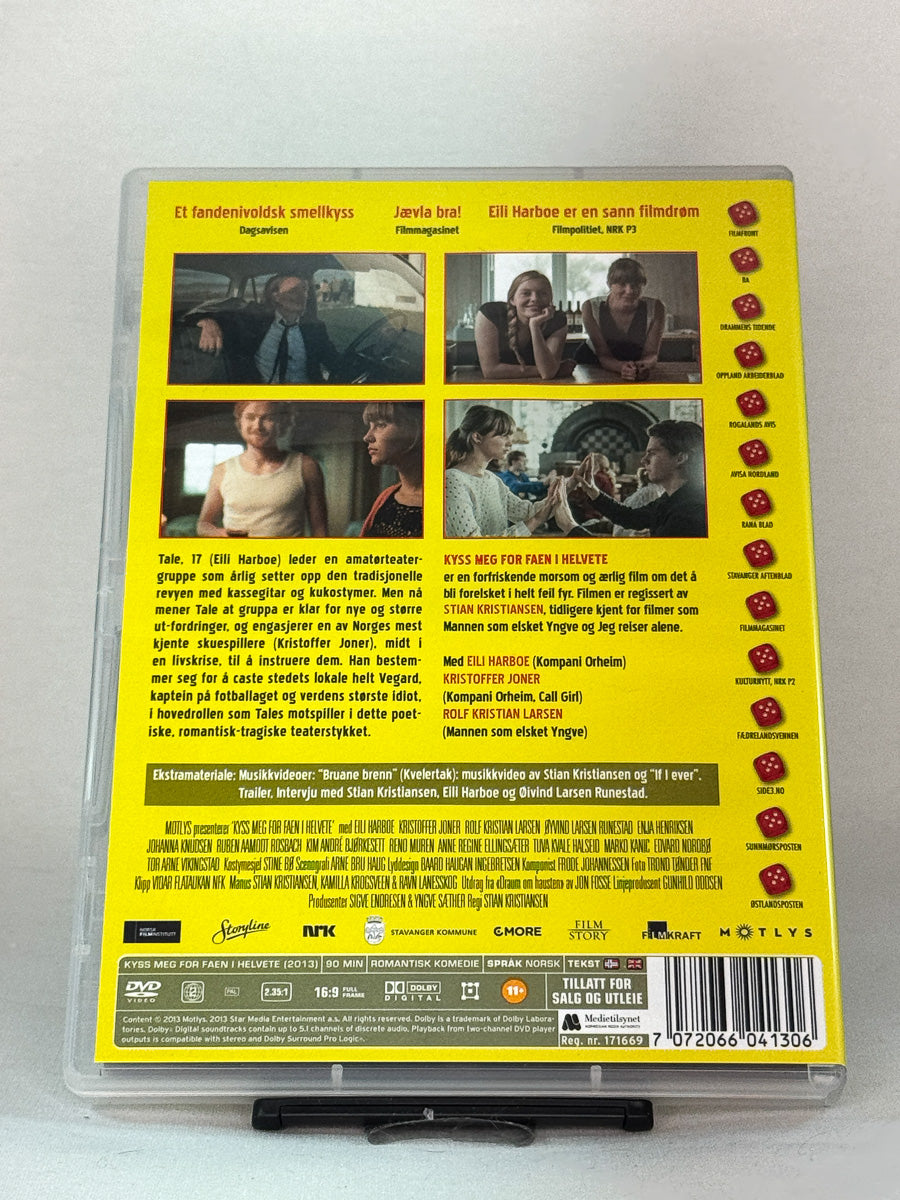 Kyss meg for faen i helvete – bakside av DVD-cover med handling og teknisk informasjon hos Brukbar Film
