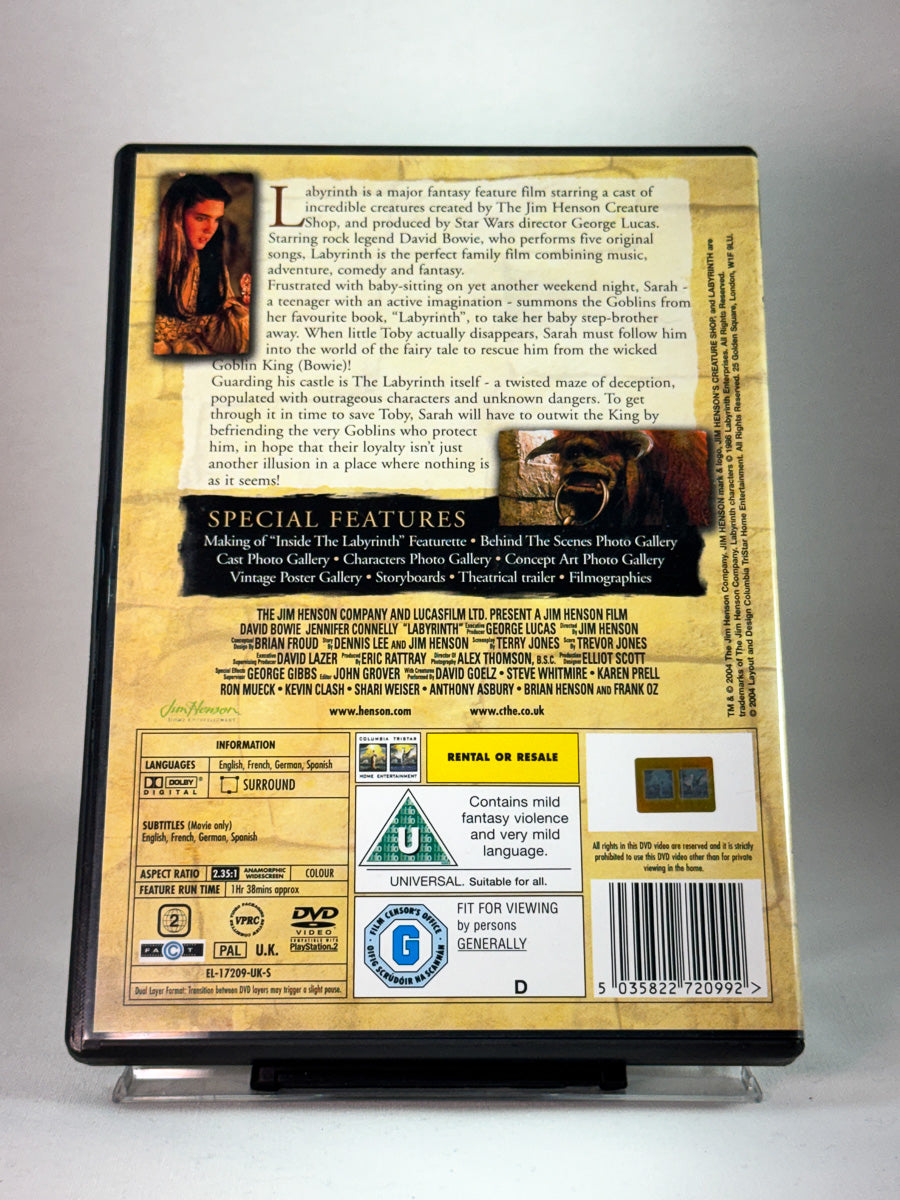 Labyrinth – bakside av DVD-cover med handling og spesifikasjoner, brukt film hos Brukbar Film