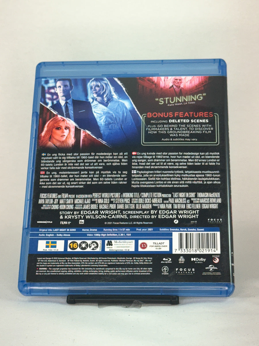 Bakside av Blu-ray-cover til Last Night in Soho – tidsvridd mysterium med retrostil og mørke undertoner, brukt Blu-ray hos Brukbar Film.