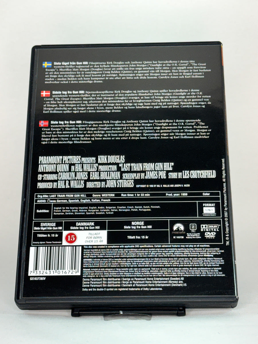 Bakside av DVD-cover for Last Train from Gun Hill – brukt originalfilm på DVD, tilgjengelig hos Brukbar Film.