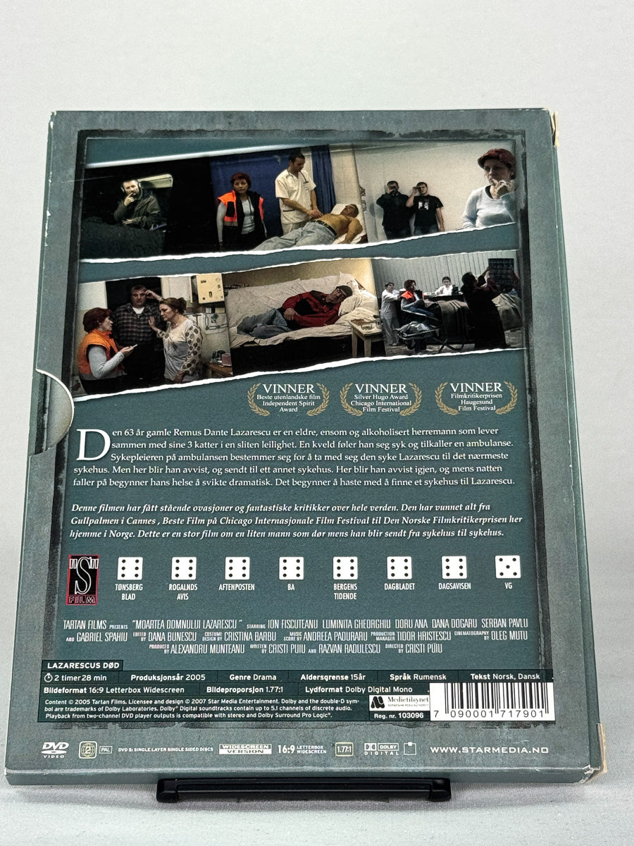 Bakside av DVD-cover til Lazarescus død – klassisk rumensk dramafilm på brukt DVD, tilgjengelig hos Brukbar Film