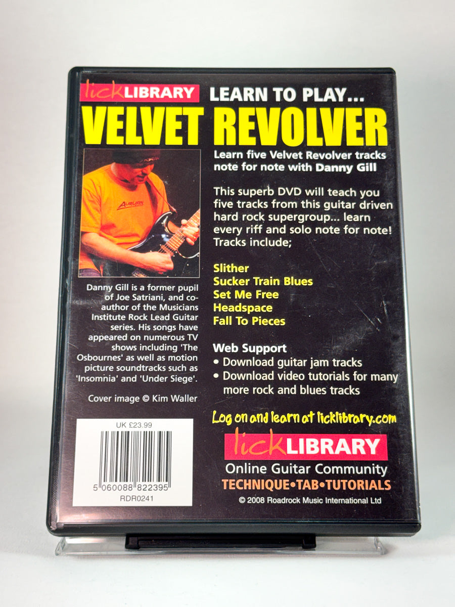 Bakside av DVD-cover til Learn to Play Velvet Revolver, note-for-note gitarinstruksjon, brukt DVD hos Brukbar Film