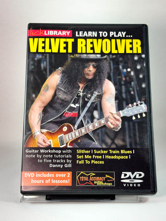 Forside av DVD-cover til Learn to Play Velvet Revolver, gitarundervisning med Danny Gill, brukt DVD hos Brukbar Film