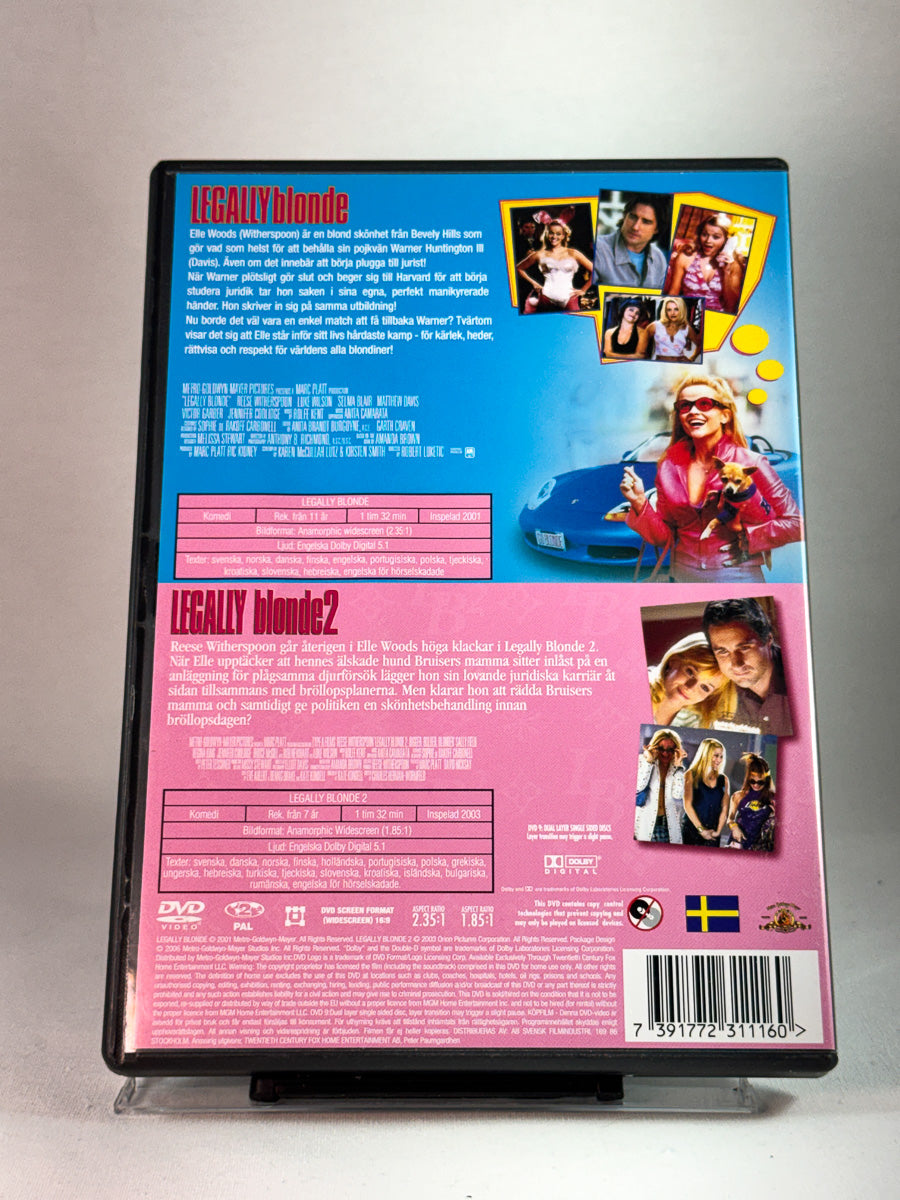 Bakside av DVD-cover for Legally Blonde 1 & 2, brukt original DVD hos Brukbar Film