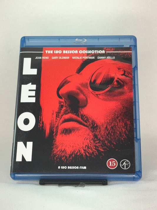 Forside av Blu-ray-cover til Léon regissert av Luc Besson, med Jean Reno, Natalie Portman og Gary Oldman – brukt actiondrama på Blu-ray hos Brukbar Film.