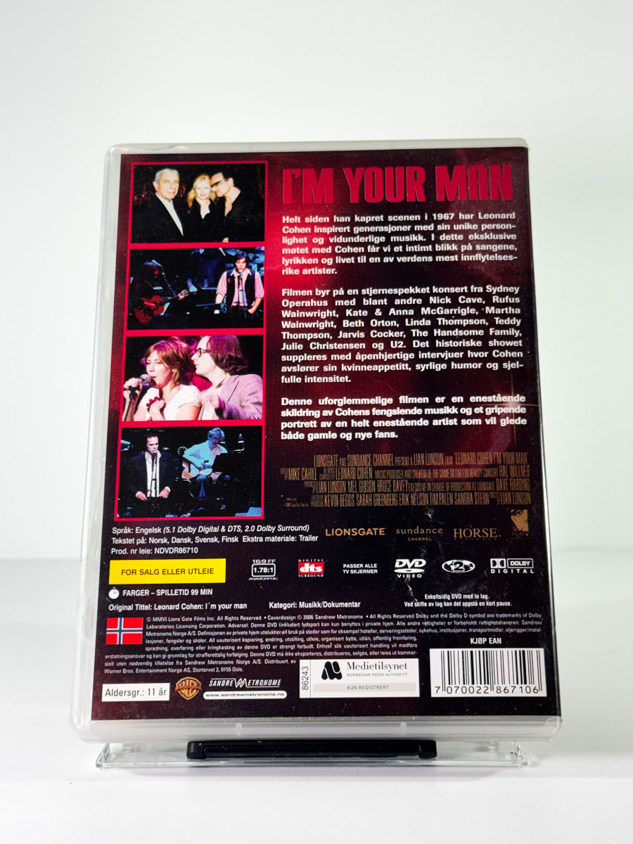 Bakside av cover til leonard cohen im your man, brukt original DVD hos Brukbar Film