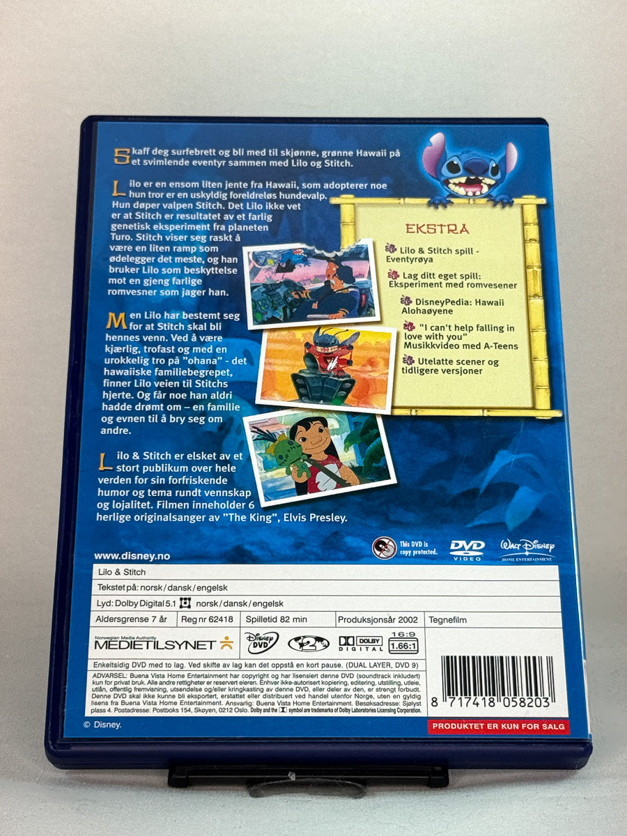 Bakside av DVD-cover til Lilo & Stitch – 2-disc spesialutgave med humor, musikk og hjertevarme i ekte Disney-stil, brukt originalfilm på DVD hos Brukbar Film.