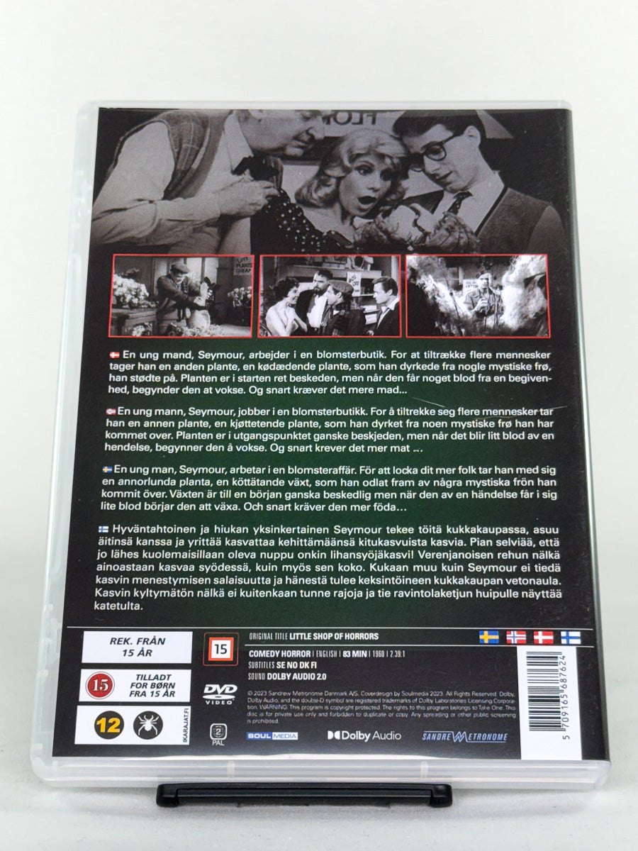 DVD-bakside til filmen Little Shop of Horrors
Baksiden viser info, spesifikasjoner og eventuell ekstratekst – produktbilde fra nettbutikken Brukbar Film