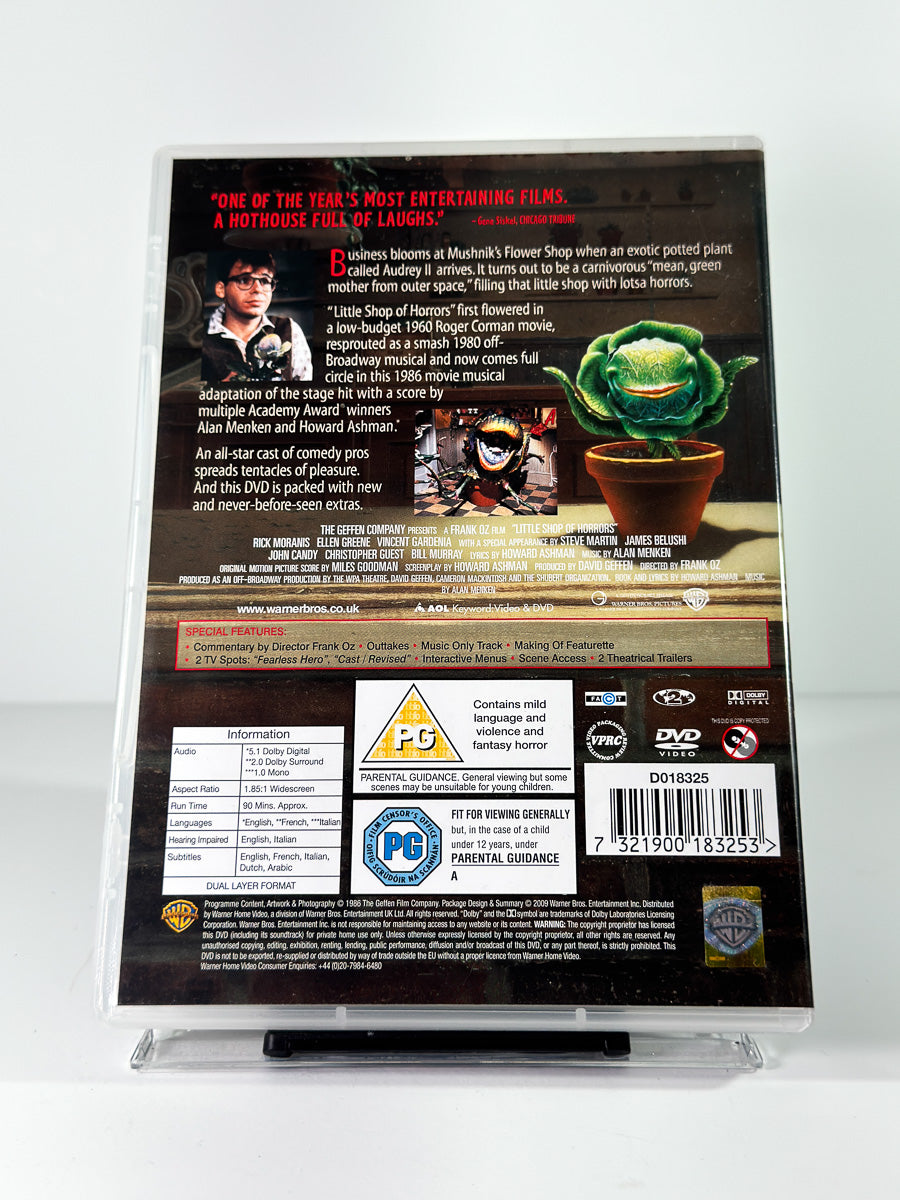 Bakside av cover til Little Shop of Horrors på DVD hos Brukbar Film