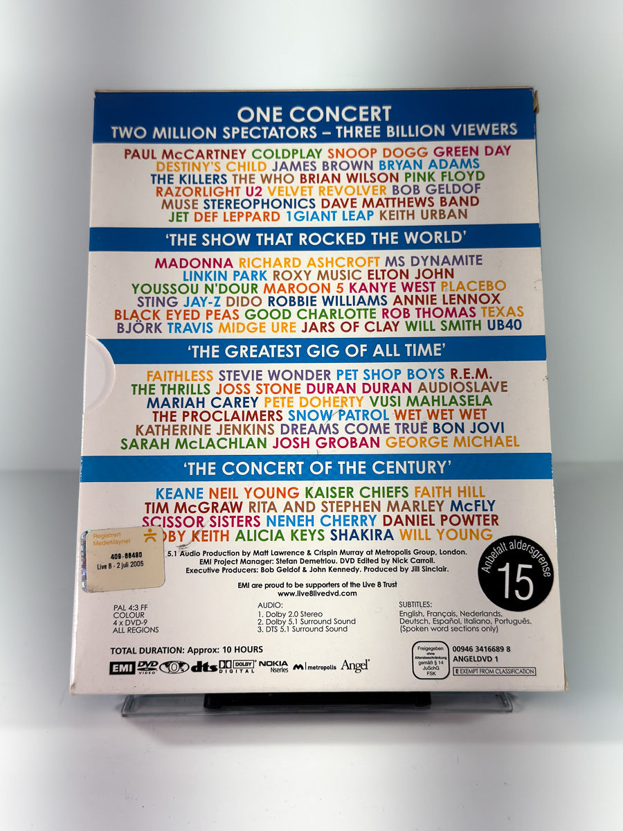 Bakside av cover til Live 8, brukt original DVD hos Brukbar Film