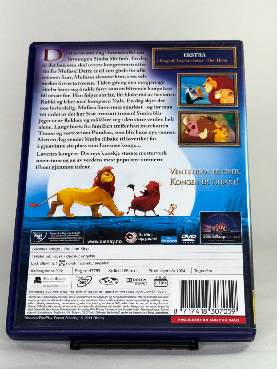 DVD-bakside til filmen Løvenes konge
Baksiden viser info, spesifikasjoner og eventuell ekstratekst – produktbilde fra nettbutikken Brukbar Film