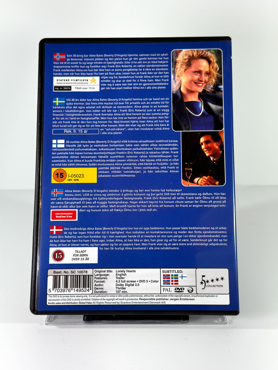 Bakside av cover til Lonely Hearts, brukt original DVD hos Brukbar Film