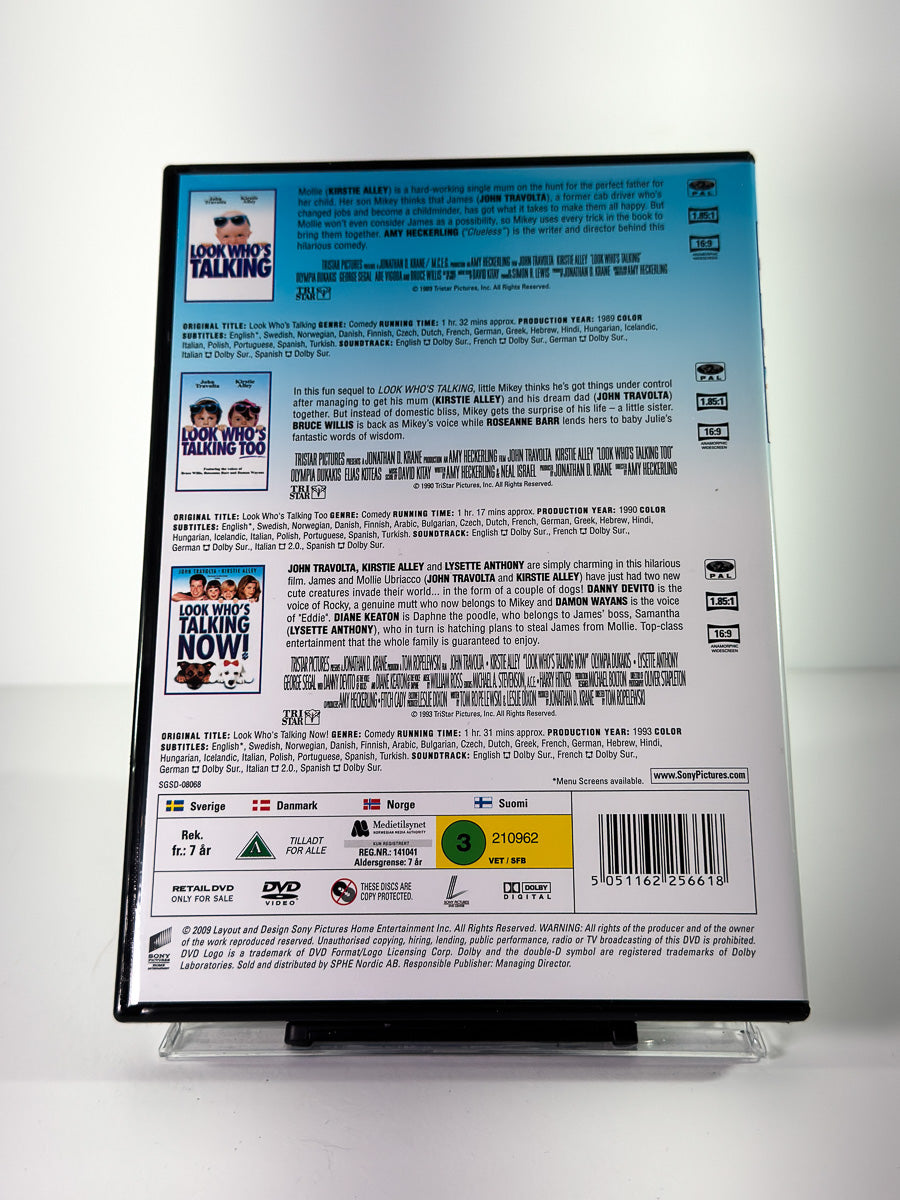 Bakside av cover til Look Who’s Talking Triple Collection, brukt original DVD hos Brukbar Film