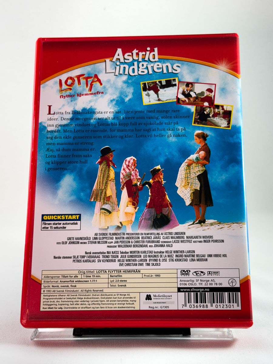 Bakside av DVD-cover til Lotta flytter hjemmefra, brukt originalfilm på DVD hos Brukbar Film
