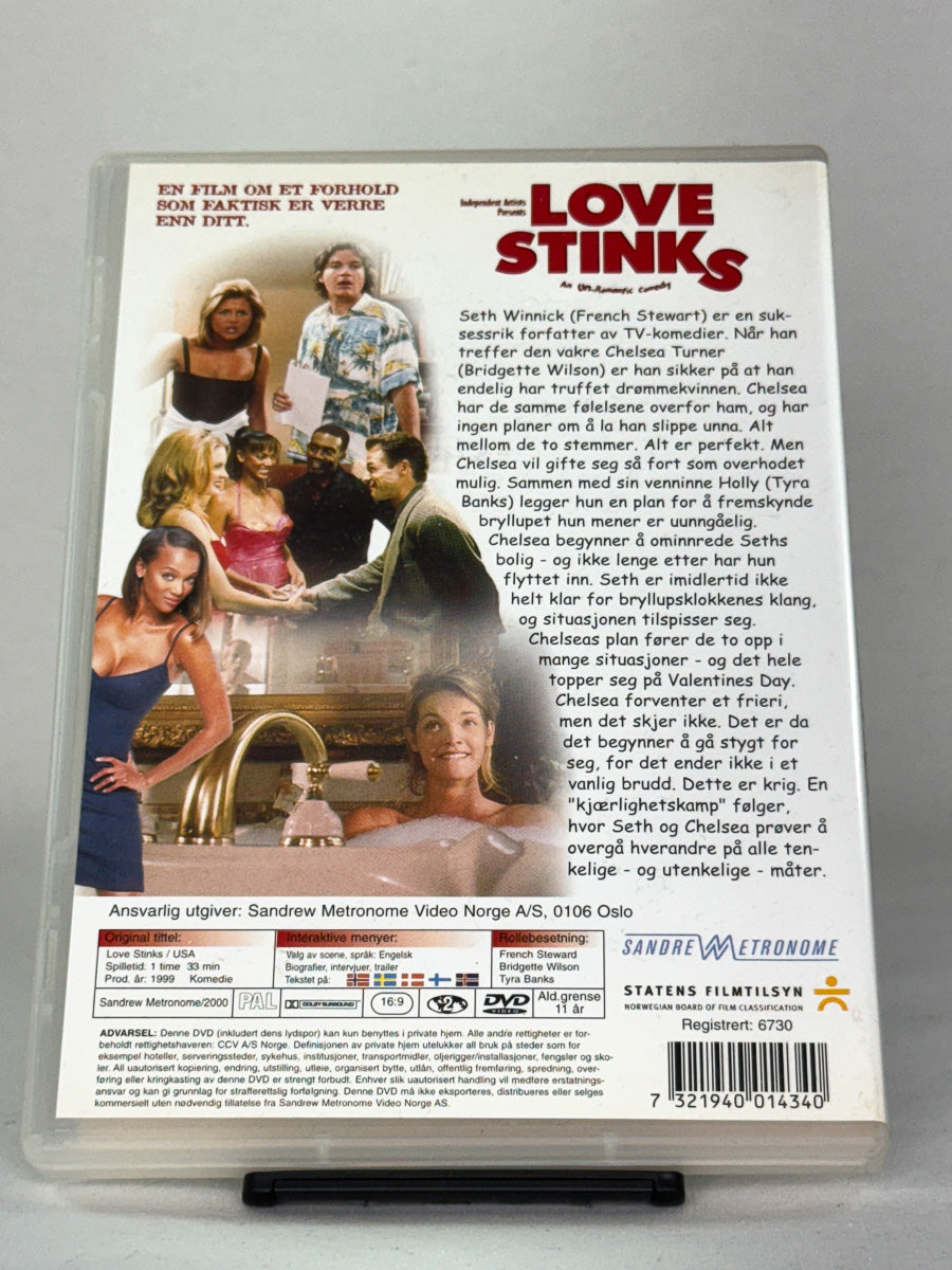 Baksidebilde av Love Stinks DVD – komedie fra 90-tallet, brukt originalfilm på DVD fra Brukbar Film