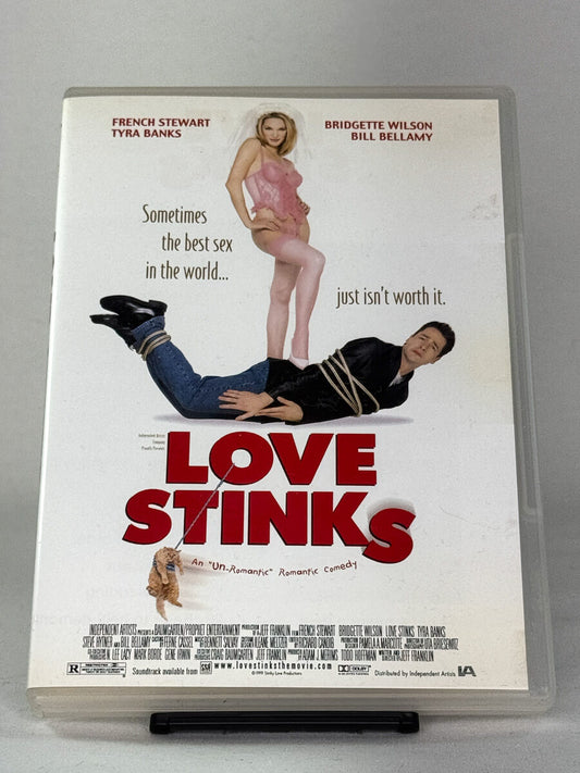 Forside av Love Stinks DVD-cover – romantisk komedie med Bridgette Wilson og Bill Bellamy, brukt film hos Brukbar Film