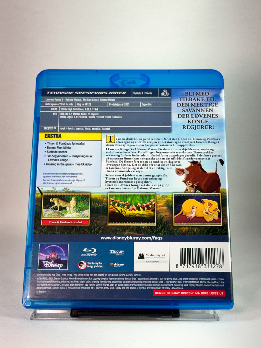 Løvenes konge 3 – Hakuna Matata – bakside av Blu-ray-cover med filminfo, hos Brukbar Film
