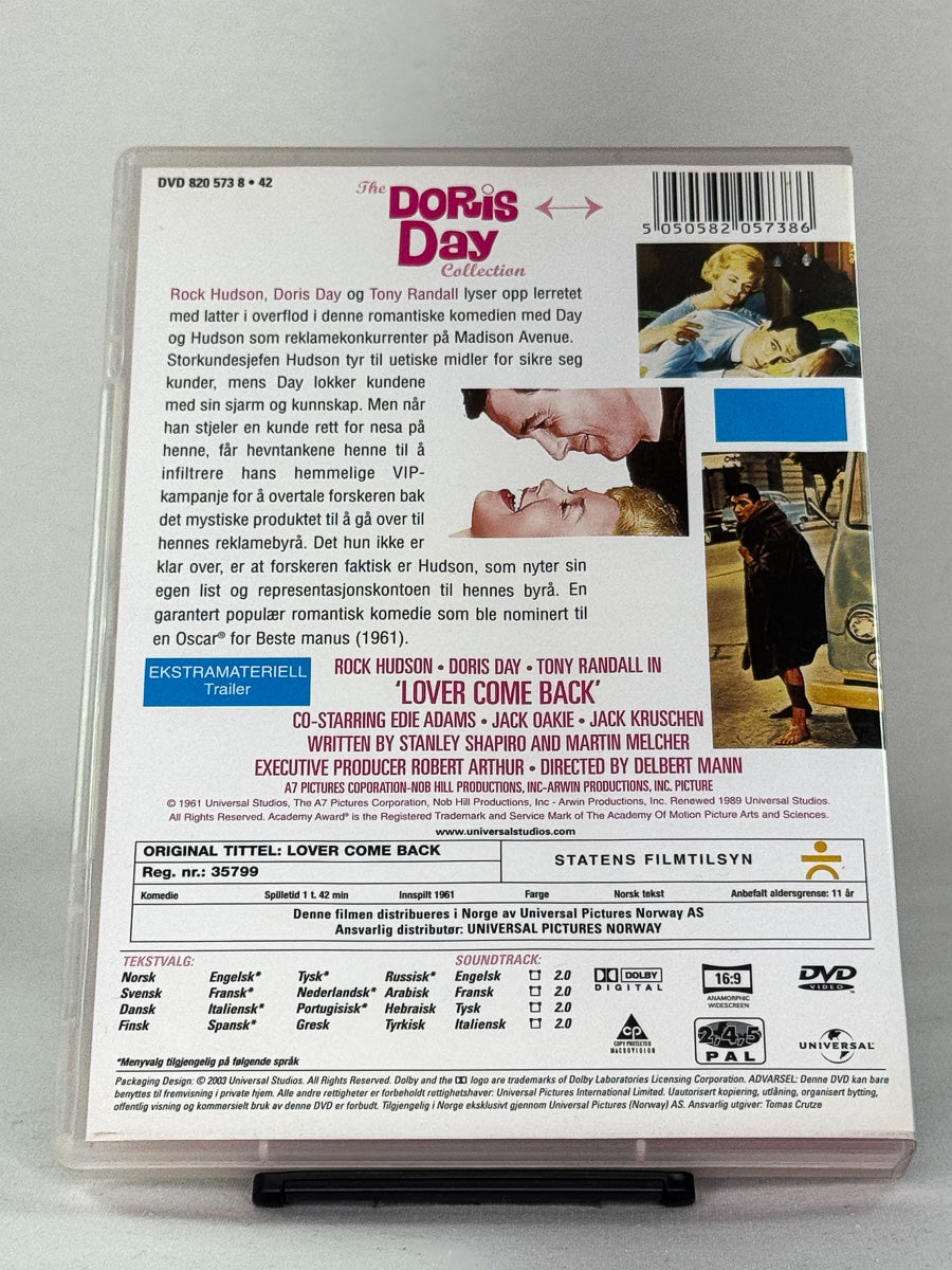 Baksidebilde av Lover Come Back DVD – klassisk Hollywood-komedie, brukt original på DVD fra Brukbar Film