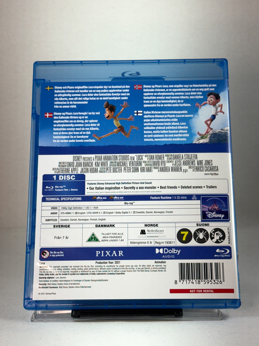 Bakside av Blu-ray-cover til Luca – fargerik familiefilm med norsk tale, Blu-ray hos Brukbar Film.