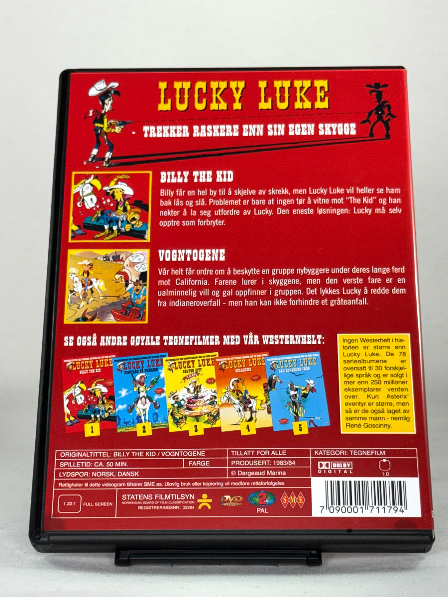 Bakside av DVD-cover til Lucky Luke – Billy the Kid – brukt DVD-film med detaljer om innhold og lyd.