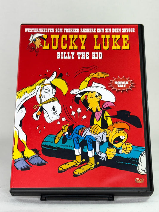 Forside alt-tekst: Lucky Luke – Billy the Kid – forside av brukt DVD-cover, animert westernklassiker hos Brukbar Film.