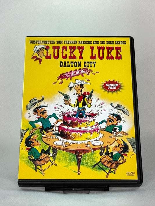 Forside av DVD-cover til Lucky Luke – Dalton City – brukt tegnefilm/western, norsk utgivelse hos Brukbar Film.
