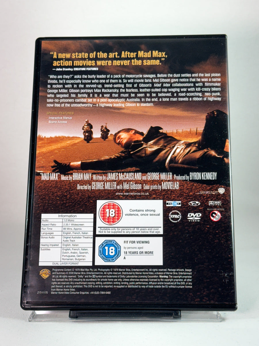 Bakside av DVD-cover for Mad Max – actionklassiker som startet en legendarisk filmserie, brukt DVD hos Brukbar Film.