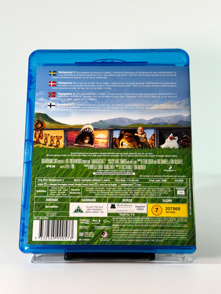 Bakside av cover til Madagaskar 2 på Blu-ray, brukt hos Brukbar Film