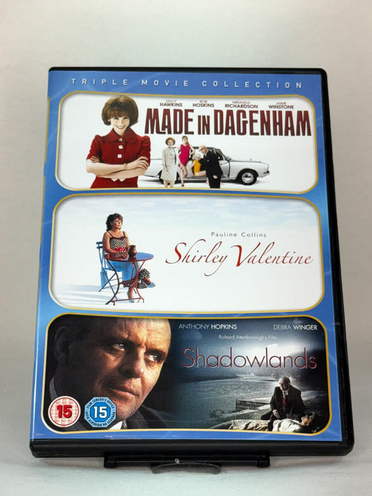 Forside av DVD-cover til Made in Dagenham / Shirley Valentine / Shadowlands – tre prisbelønte britiske filmer om liv, kjærlighet og mot, brukt DVD hos Brukbar Film.