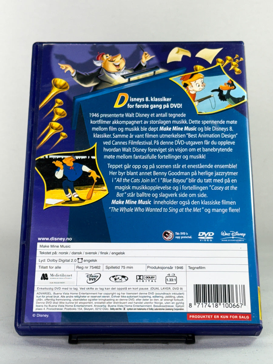 DVD-bakside til filmen Make Mine Music
Baksiden viser info, spesifikasjoner og eventuell ekstratekst – produktbilde fra nettbutikken Brukbar Film