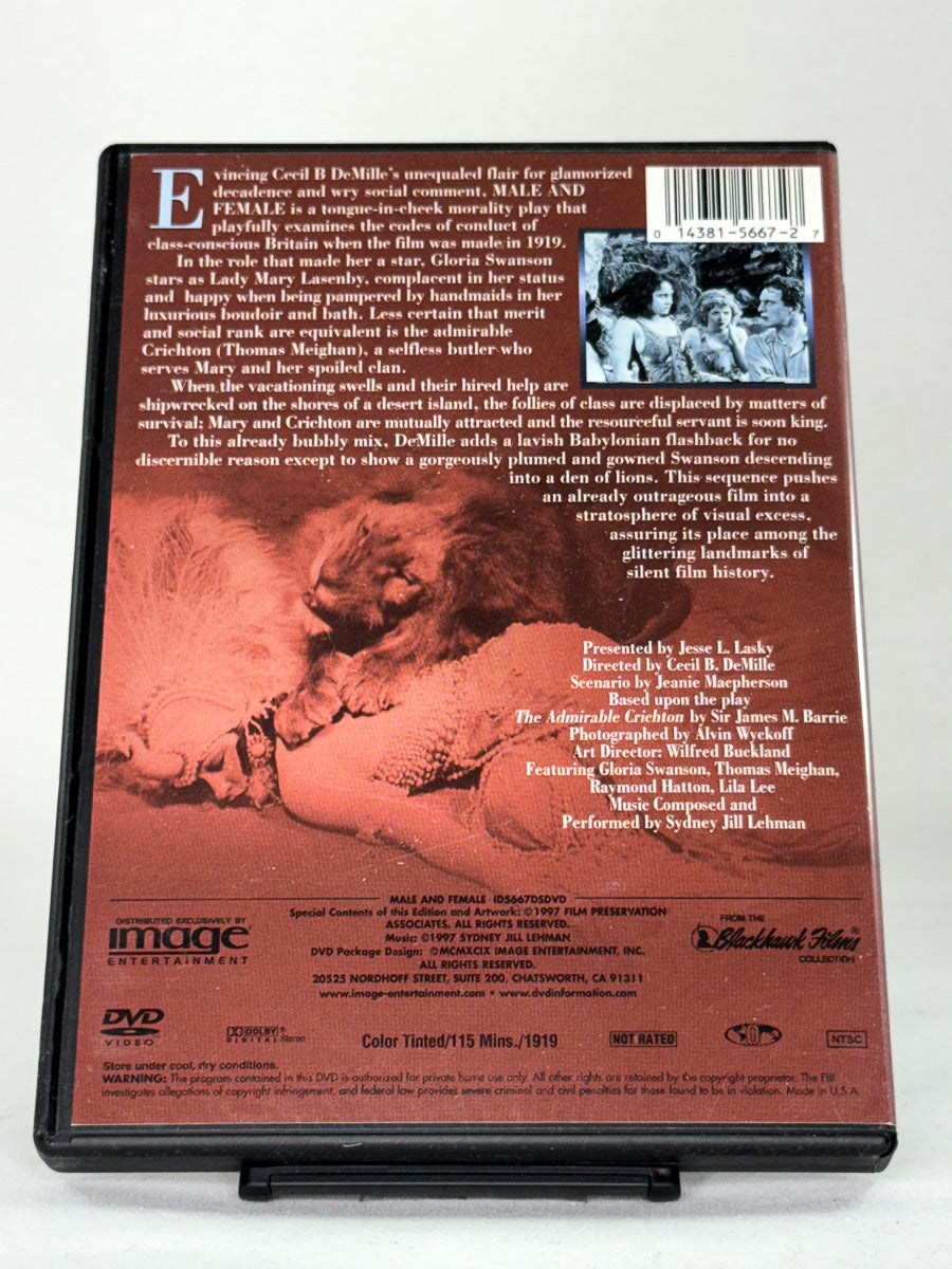 Bakside av DVD-coveret til Male and Female – stumfilmklassiker, info og spesifikasjoner, brukt DVD fra Brukbar Film