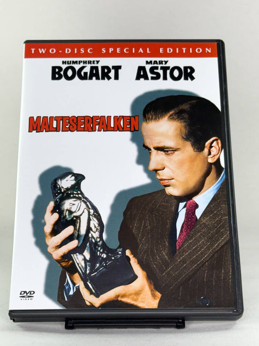 Forside av Malteserfalken DVD-cover – klassisk film noir med Humphrey Bogart, brukt originalfilm på DVD fra Brukbar Film