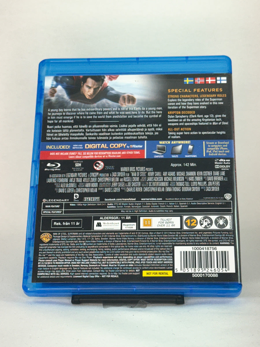 Bakside av Blu-ray-cover til Man of Steel – spektakulær Superman-film regissert av Zack Snyder, brukt Blu-ray hos Brukbar Film.