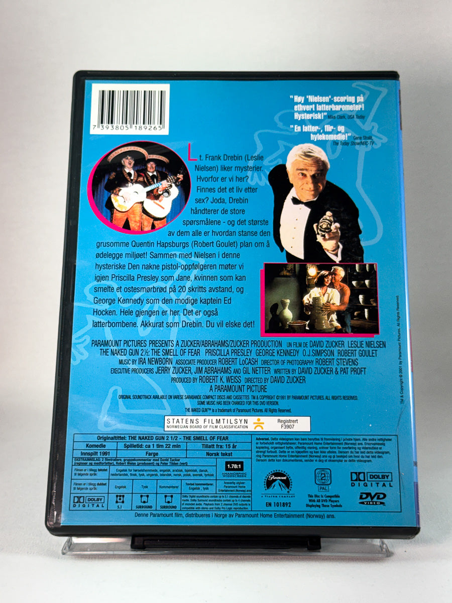 DVD-cover-bakside til filmen Mannen med den nakne pistol 2 1/2 – Lukten av frykt – brukt DVD hos Brukbar Film
