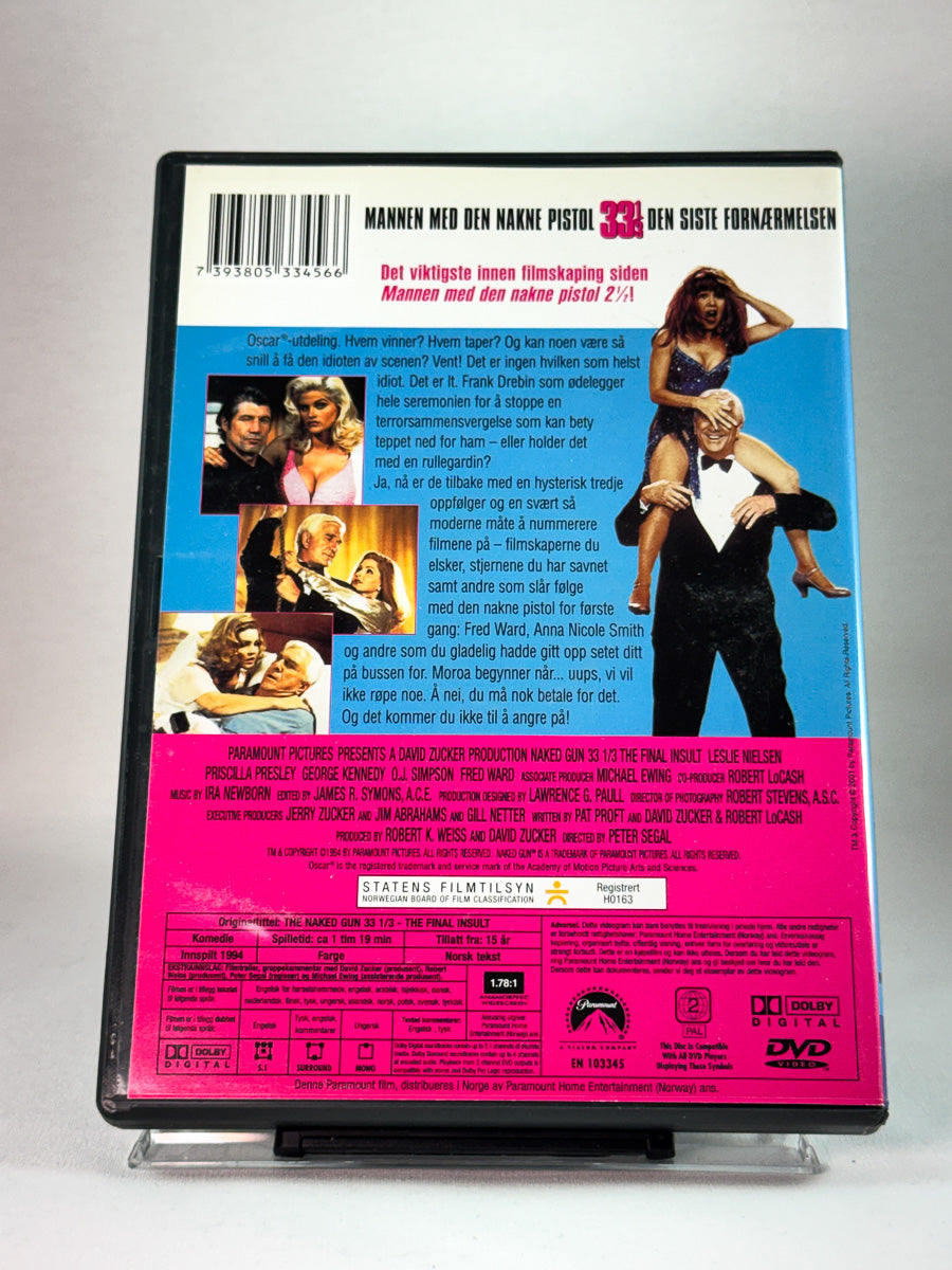 DVD-cover-bakside til filmen Mannen med den nakne pistol 33 1/3 – Den siste fornærmelsen – brukt DVD hos Brukbar Film