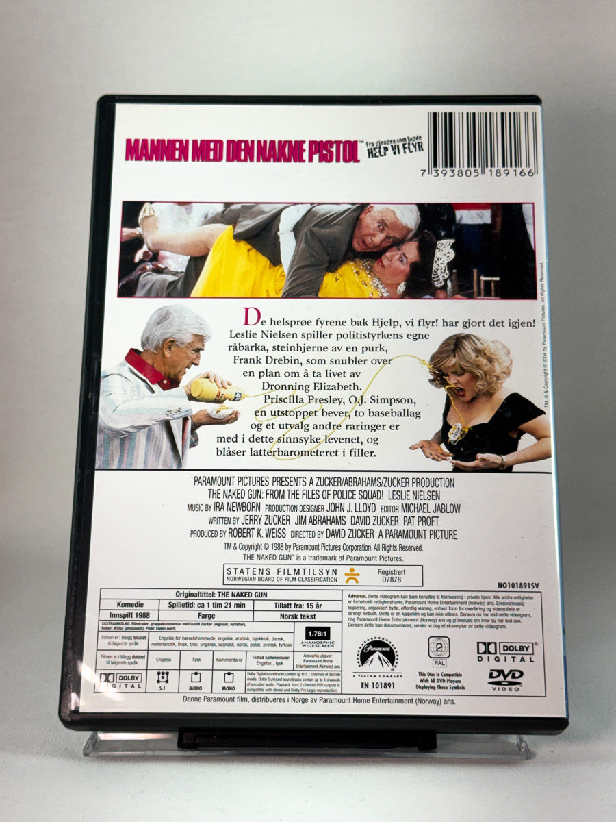 DVD-cover-bakside til filmen Mannen med den nakne pistol – brukt DVD hos Brukbar Film