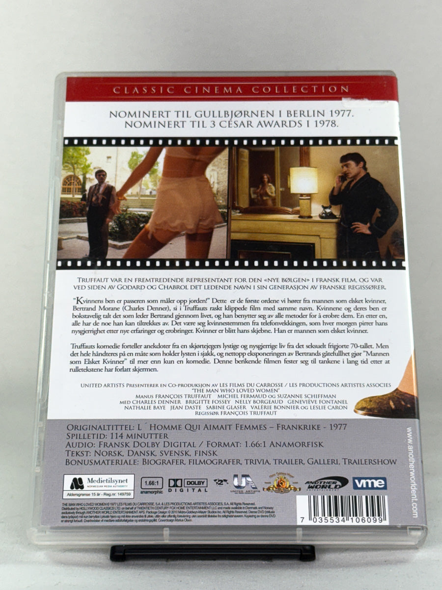 Bakside av Mannen som elsket kvinner DVD-cover – kunstnerisk klassiker fra François Truffaut, brukt originalfilm på DVD fra Brukbar Film