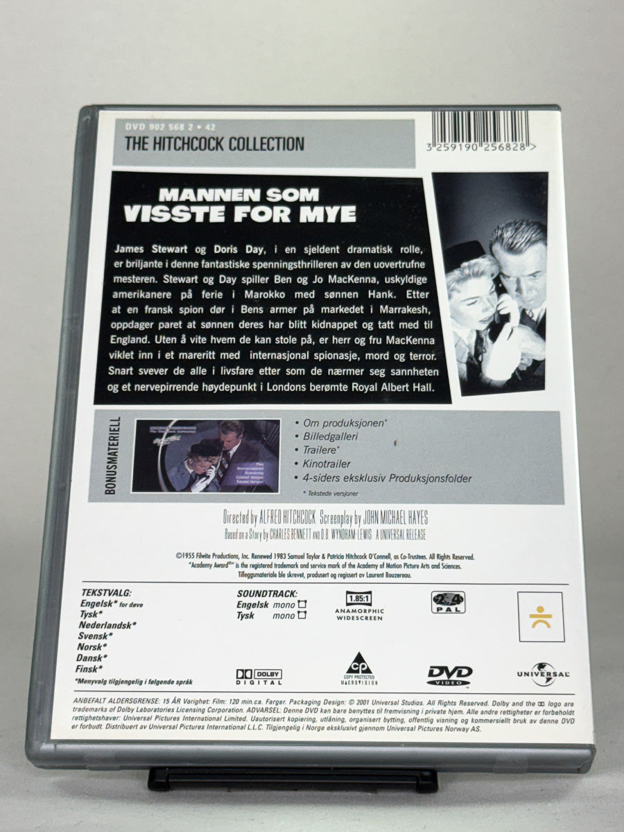 Bakside av DVD-cover til Mannen som visste for mye (The Man Who Knew Too Much) – brukt originalfilm på DVD, kjøp klassiske thrillere hos Brukbar Film.
