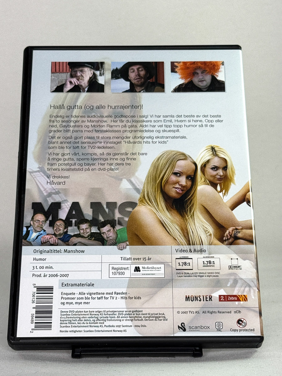 DVD-bakside til filmen Manshow
Baksiden viser info, spesifikasjoner og eventuell ekstratekst – produktbilde fra nettbutikken Brukbar Film